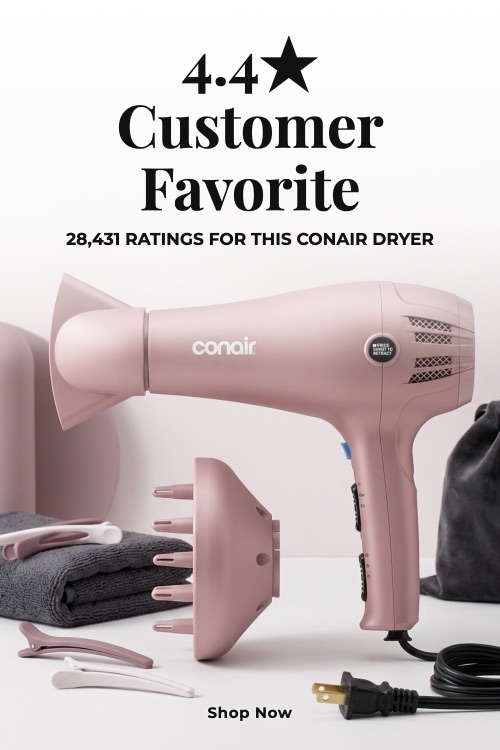 Pinterest pin generated from a Conair hair dryer photo, highlighting its 4.4-star rating