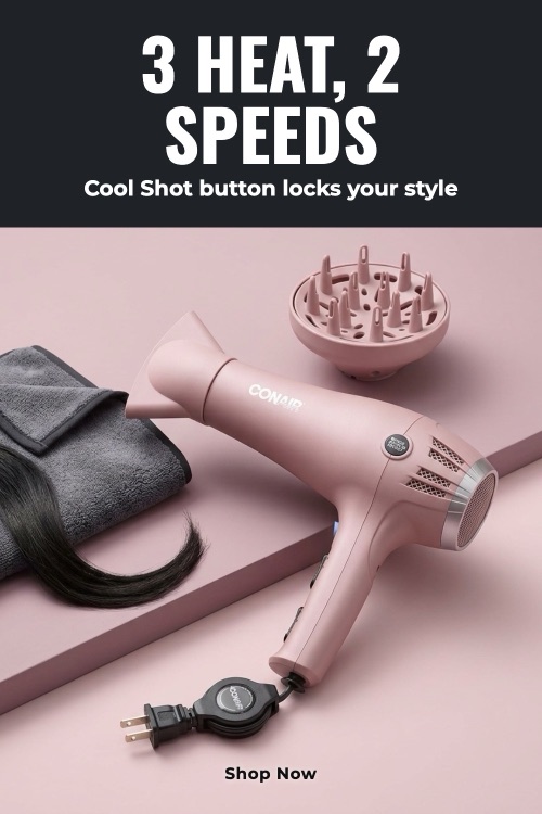 Pinterest pin generated from a Conair hair dryer photo, highlighting 3 heat settings and 2 speeds