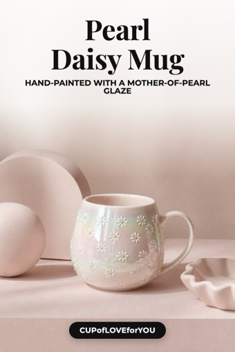 Third pin from a second AI photo shoot: the daisy mug on a soft pink monochrome set, titled Pearl Daisy Mug