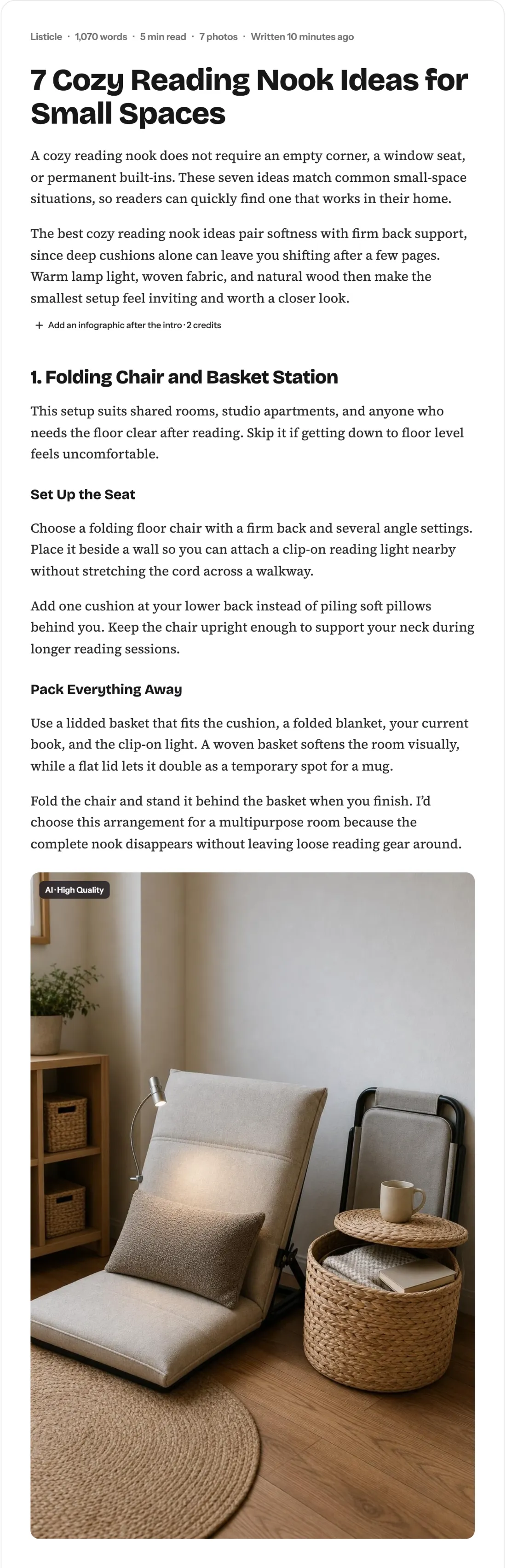A post written in Made to Spark: 7 Cozy Reading Nook Ideas for Small Spaces, with an AI image under its first section