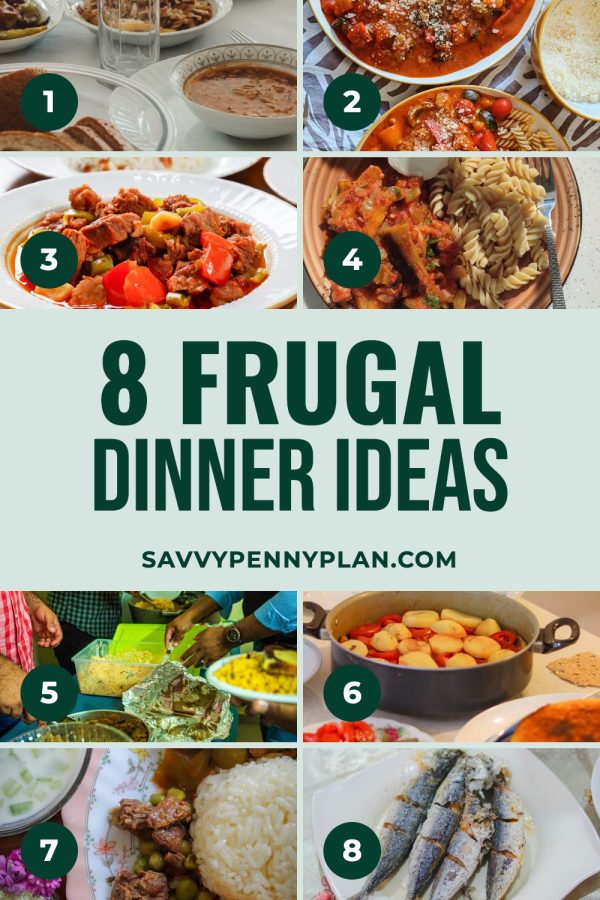 Pinterest template pin example: 8 Frugal Dinner Ideas