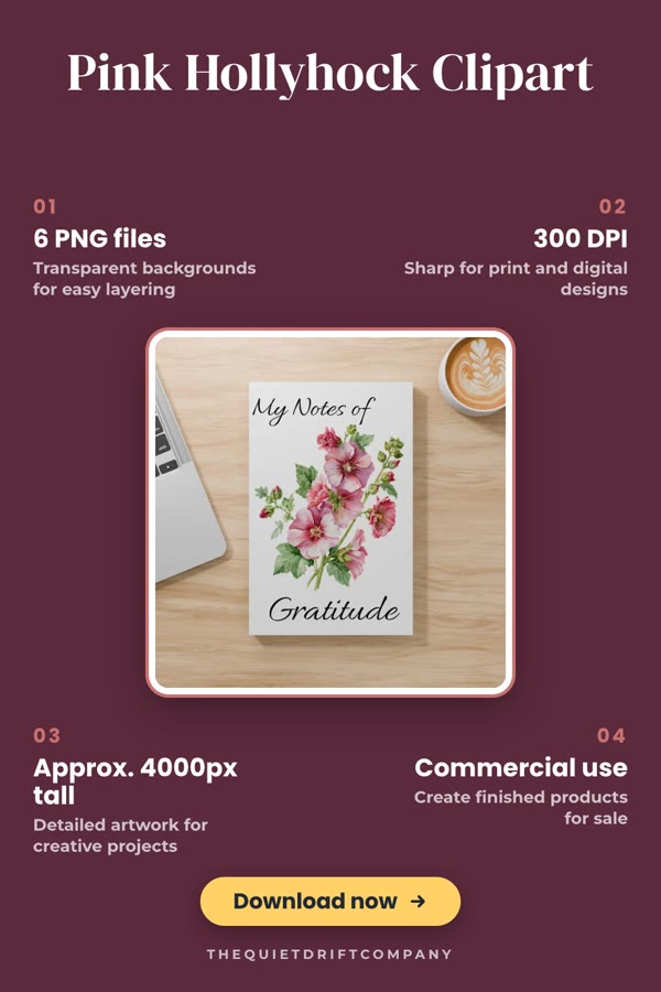 Pinterest pin example made from: etsy.com/listing/4521856790/hollyhock-floral-clipart-…