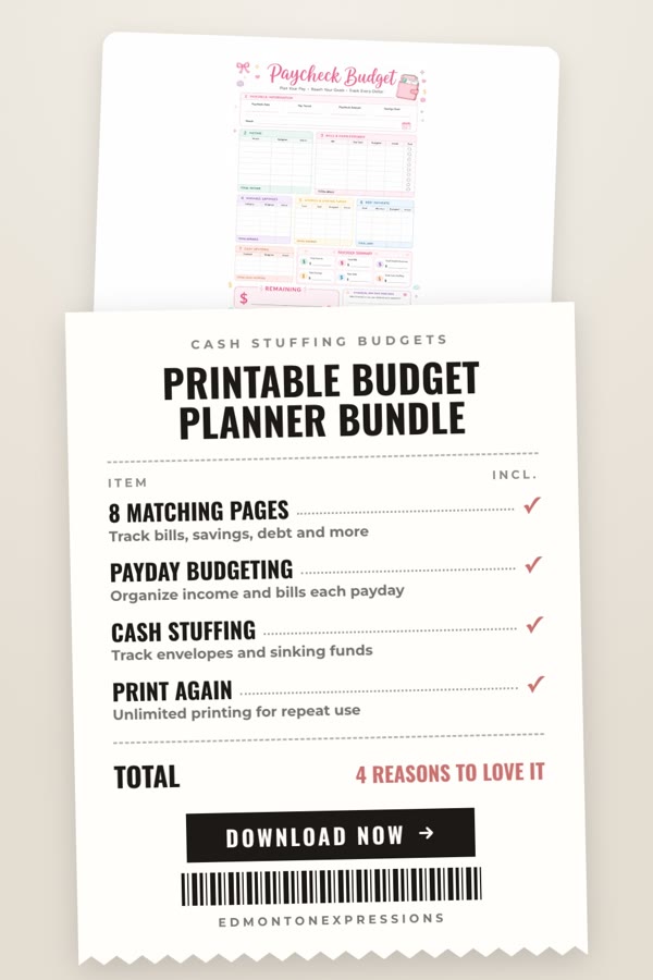 Feature pins: what buyers get example, Receipt design: Printable Budget Planner Bundle