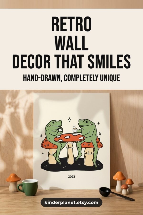 AI Pinterest pin for an Etsy listing: a hand-drawn frog print styled with mushrooms and a coffee cup