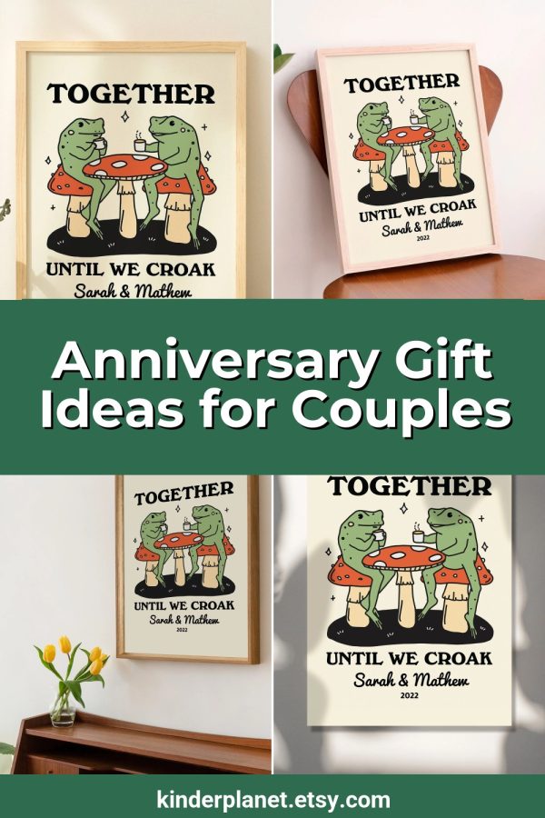 Template Pinterest pin for an Etsy listing: four photos of a couple print around an anniversary gift ideas banner