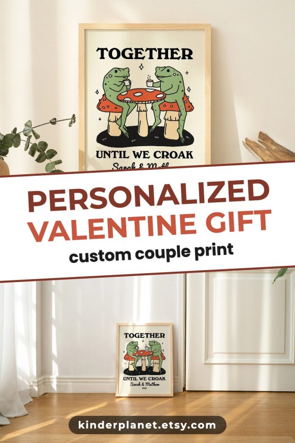 Template Pinterest pin for an Etsy listing: a personalized Valentine gift print split by a tilted title band