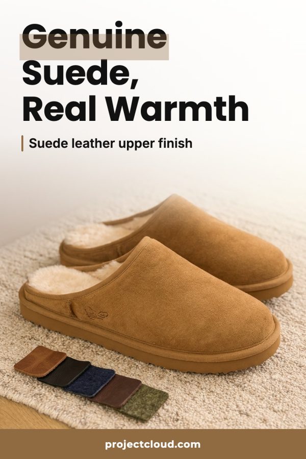 AI Pinterest pin for a store product: genuine suede slippers with colour swatches