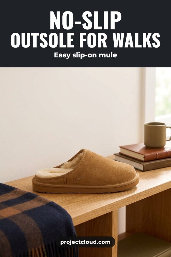 AI Pinterest pin for a store product: a slip-on mule slipper on a wooden entryway bench