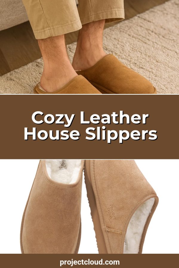 Template Pinterest pin for a store product: cozy leather house slippers with a brown title banner