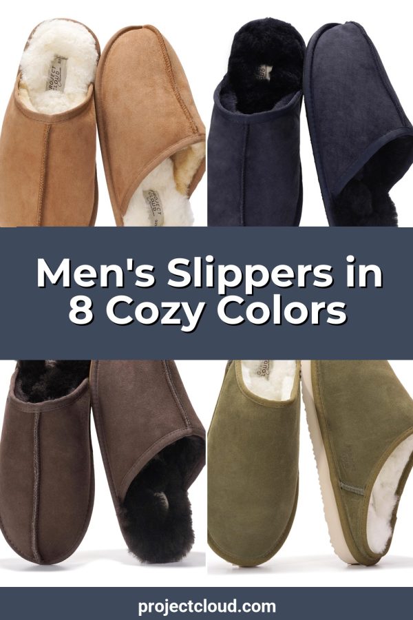 Template Pinterest pin for a store product: slippers in four colours around a center banner