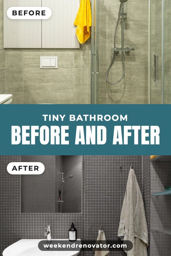 Before / After Pinterest Collage Templates example: a home makeover pin titled "Tiny Bathroom Before and After"
