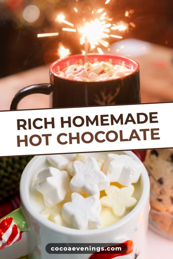 Tilted Band Pinterest Collage Templates example: a drinks pin titled "Rich Homemade Hot Chocolate"