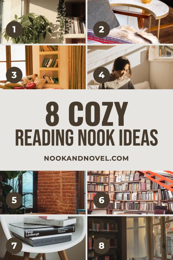 Numbered Photo Grid Pinterest Collage Templates example: a home decor pin titled "8 Cozy Reading Nook Ideas"