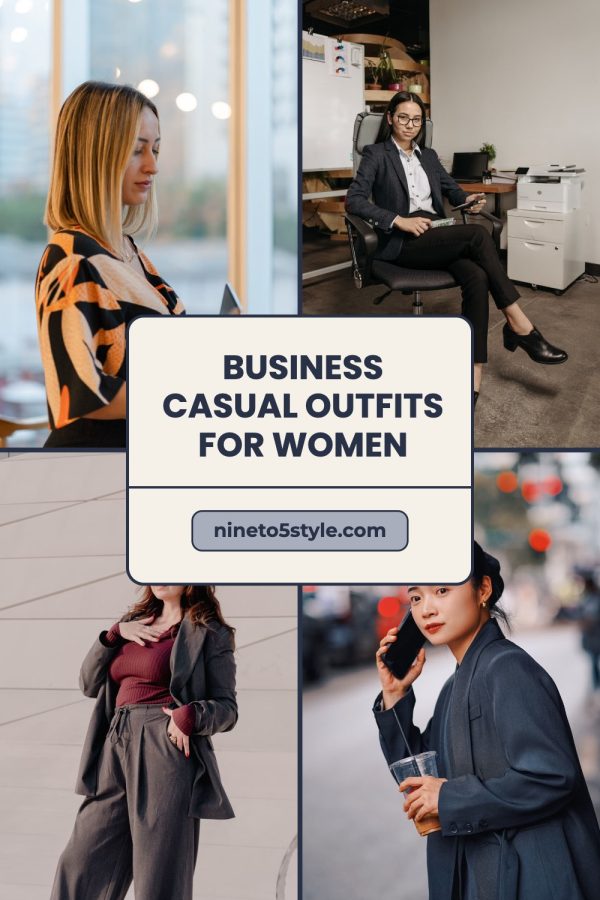 Framed Card + Pill Pinterest Collage Templates example: a fashion pin titled "Business Casual Outfits for Women"