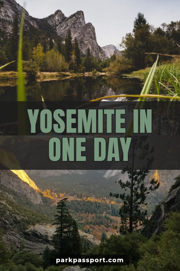 Dark Band + Outlined Caps Pinterest Collage Templates example: a travel pin titled "Yosemite in One Day"