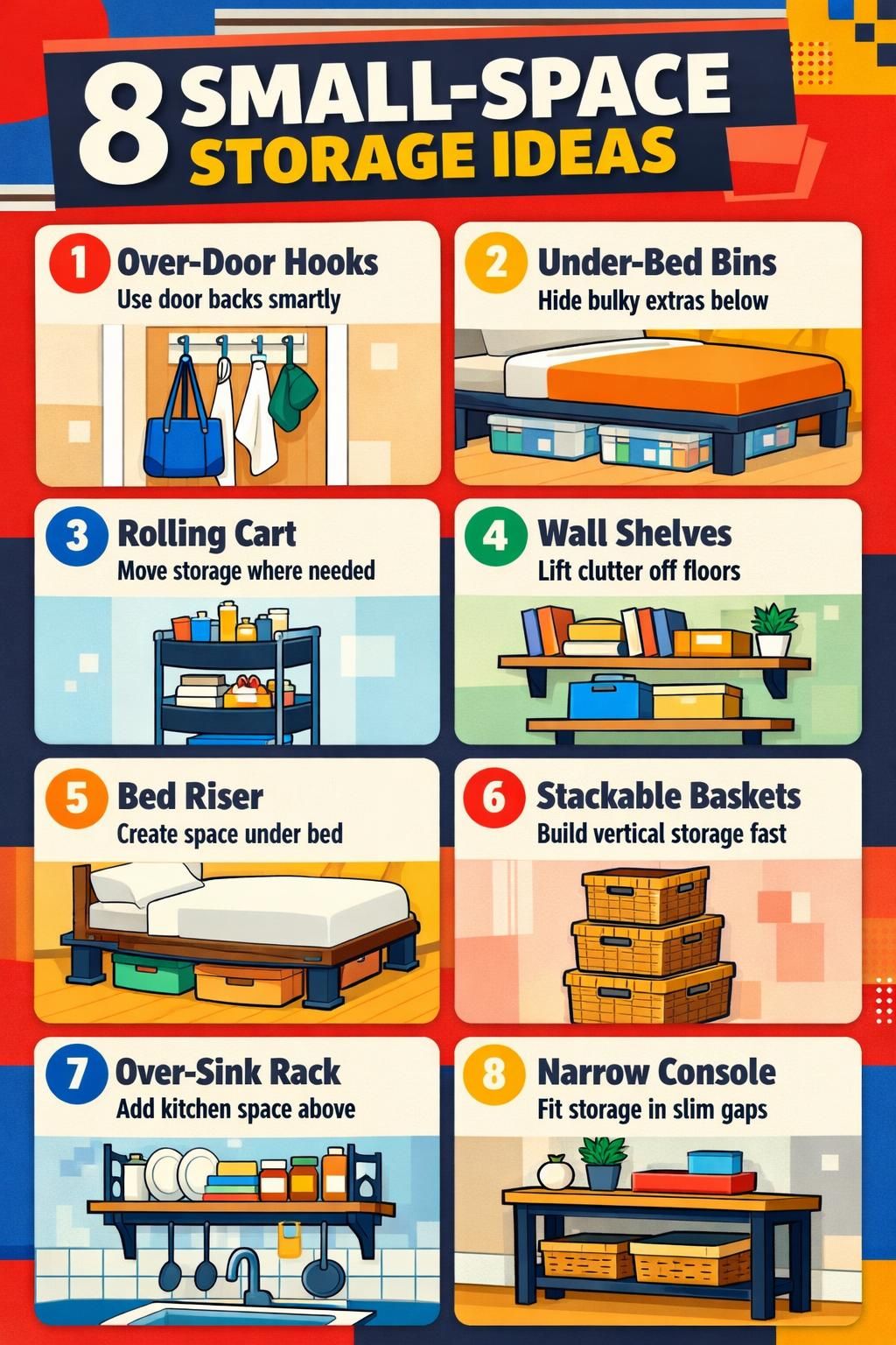AI-generated Pinterest infographic titled "Small-Space Storage, 8 Ways", in the bold style