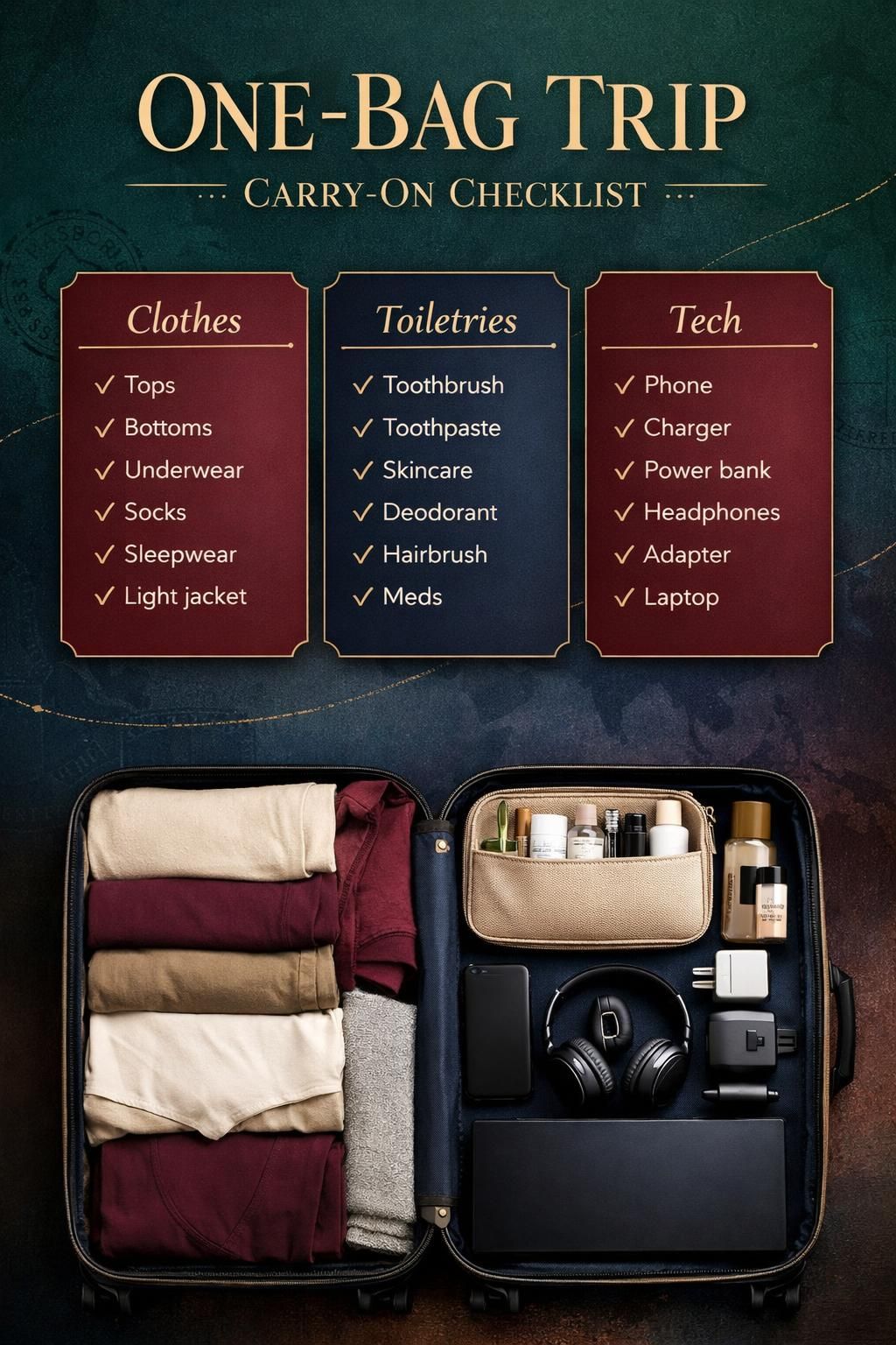 AI-generated Pinterest infographic titled "One-Bag Packing Checklist", in the elegant style