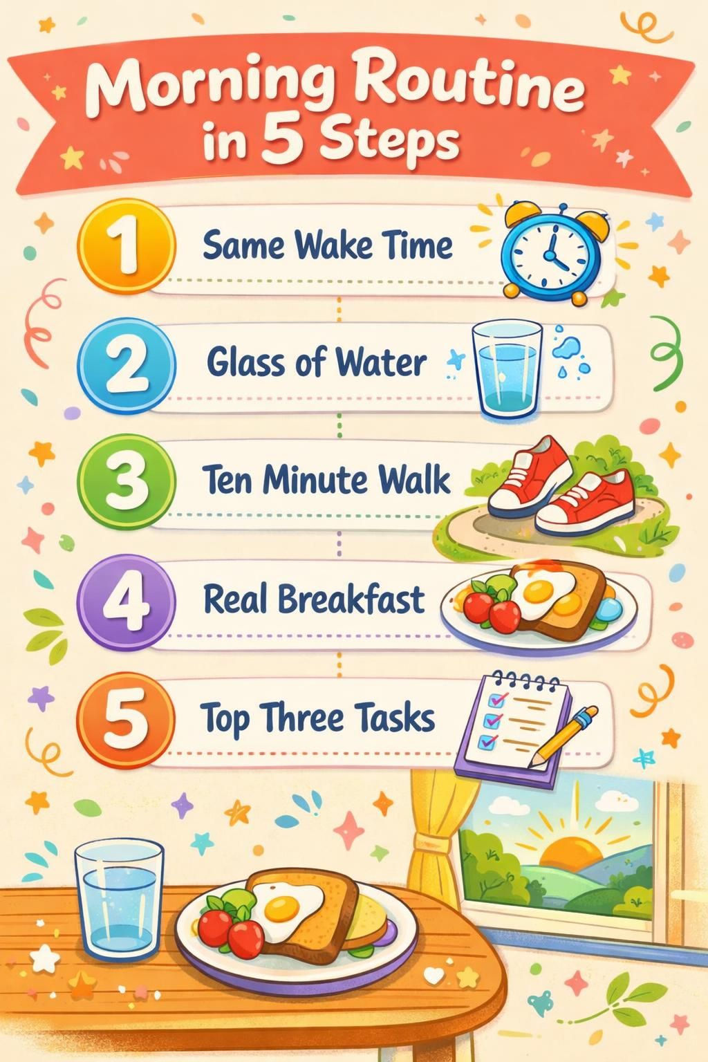 AI-generated Pinterest infographic titled "Morning Routine in 5 Steps", in the playful style
