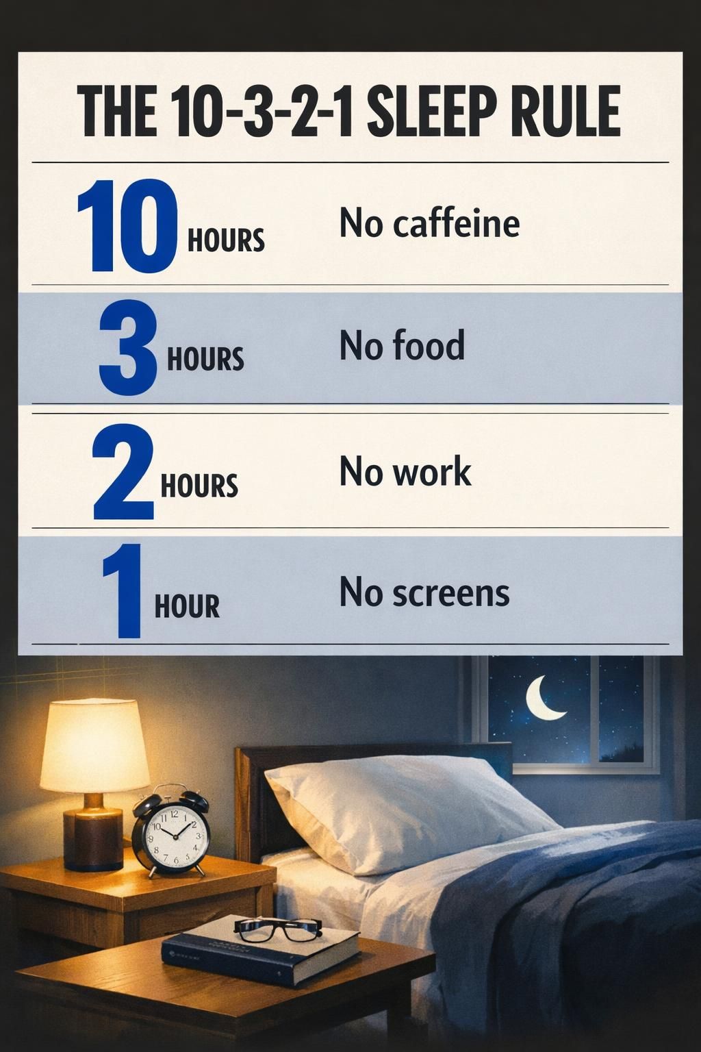 AI-generated Pinterest infographic titled "The 10-3-2-1 Sleep Rule", in the modern style