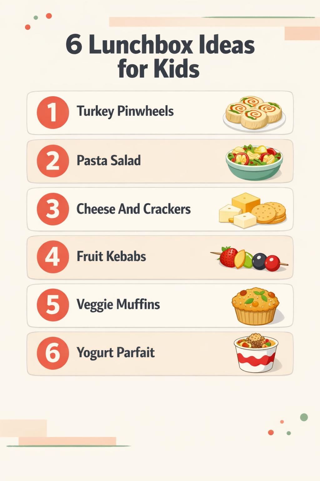 AI-generated Pinterest infographic titled "6 Lunchbox Ideas for Kids", in the modern style