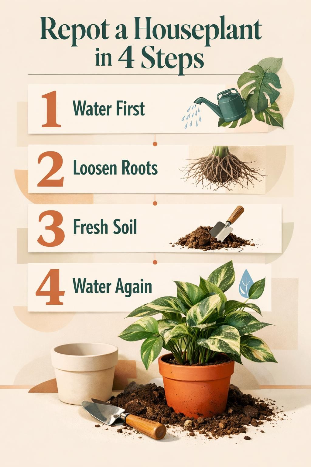 AI-generated Pinterest infographic titled "Repot a Houseplant in 4 Steps", in the modern style