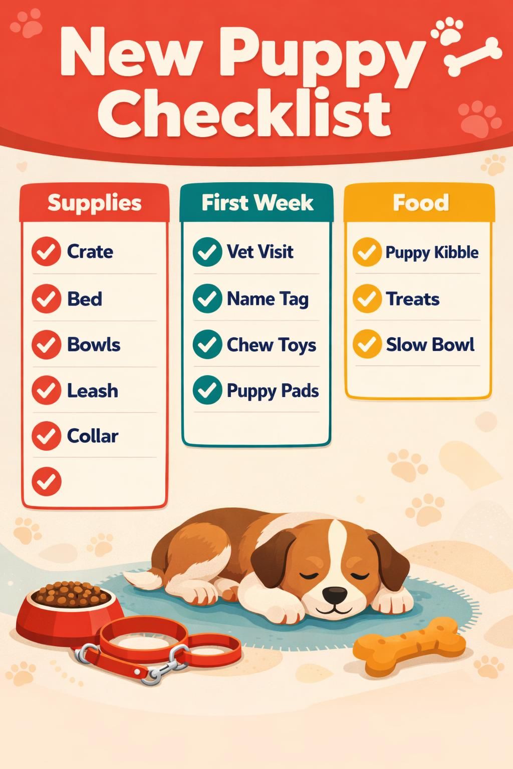 AI-generated Pinterest infographic titled "New Puppy Checklist", in the bold style