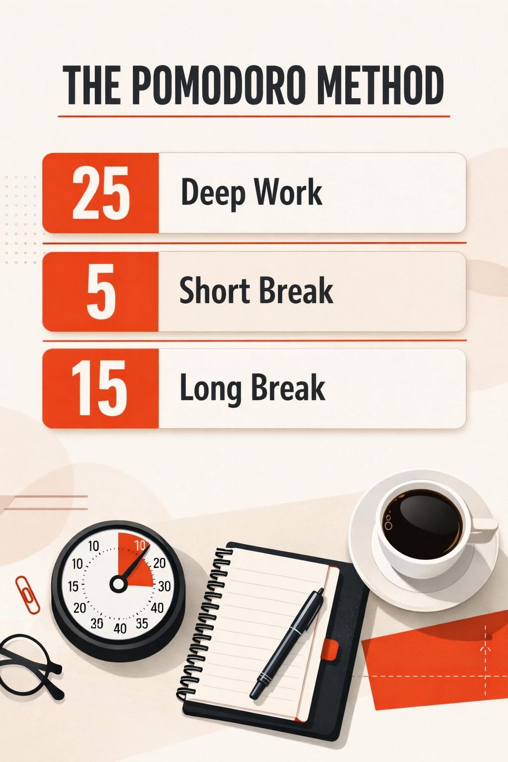 AI-generated Pinterest infographic titled "The Pomodoro Method", in the modern style
