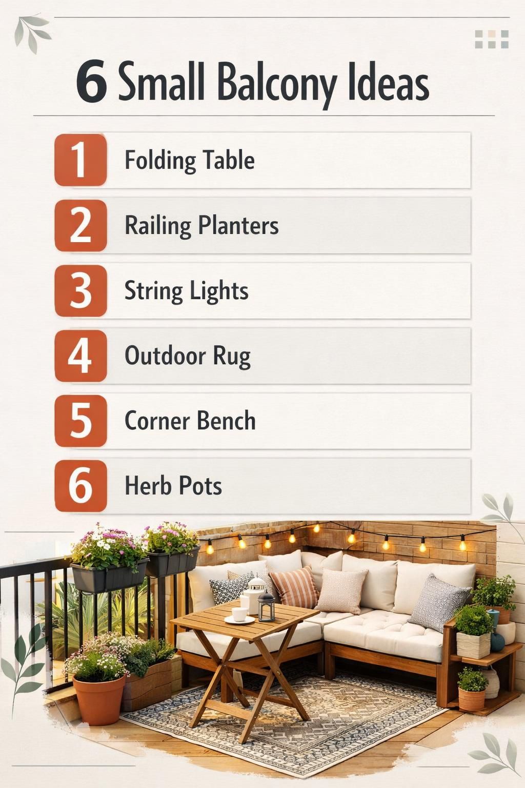 AI-generated Pinterest infographic titled "6 Small Balcony Ideas", in the modern style