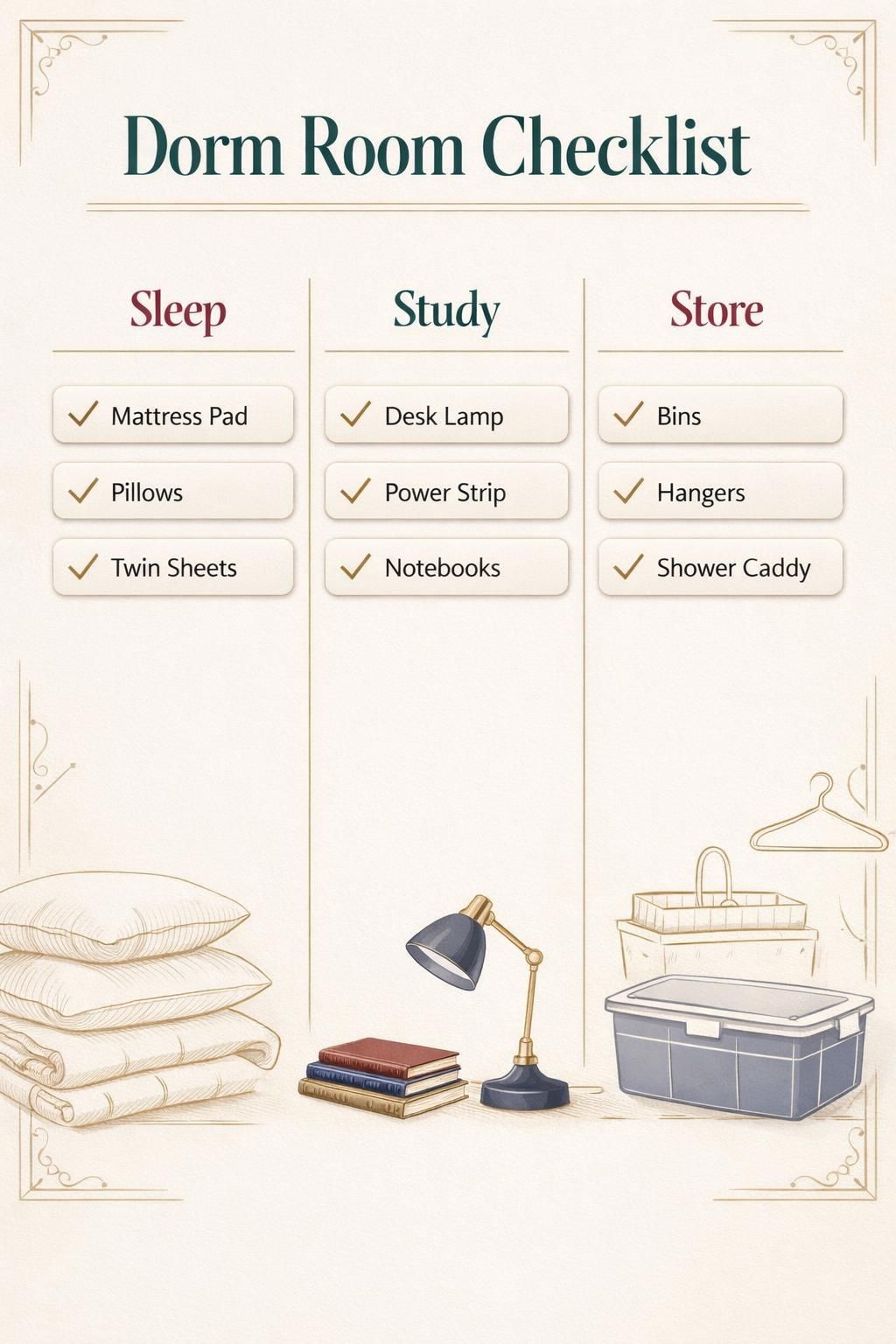 AI-generated Pinterest infographic titled "Dorm Room Checklist", in the elegant style