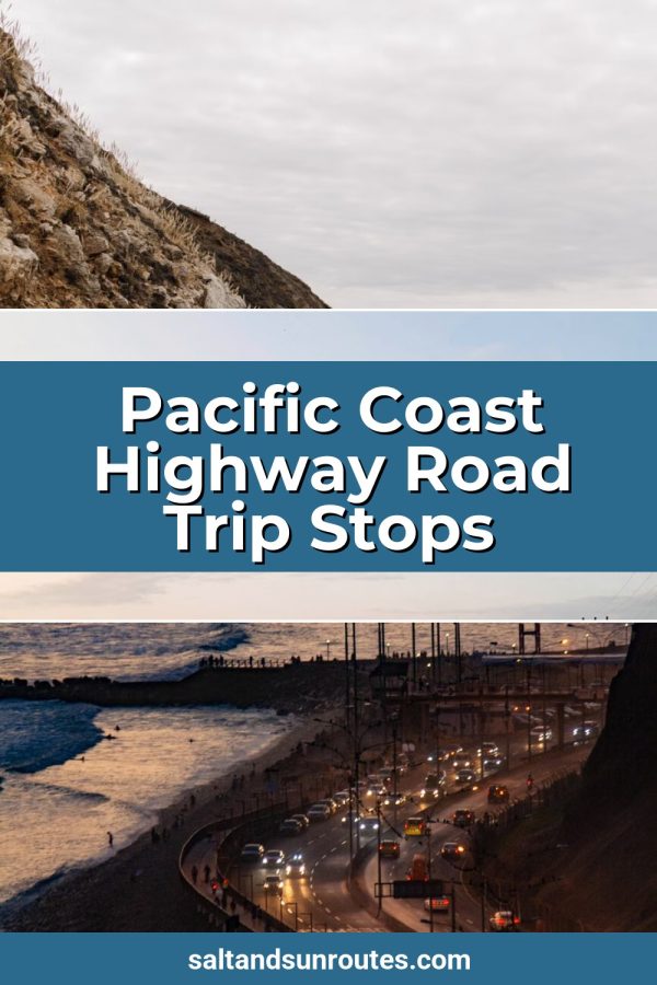 Three Photos + Overlay Pinterest template example: a travel pin titled "Pacific Coast Highway Road Trip Stops"