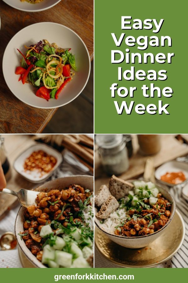 Three Photos + Text Panel Pinterest template example: a recipe pin titled "Easy Vegan Dinner Ideas for the Week"