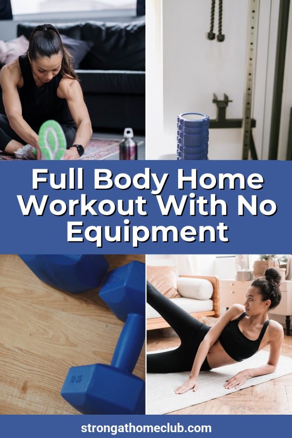 Four Photos + Center Banner Pinterest template example: a fitness pin titled "Full Body Home Workout With No Equipment"