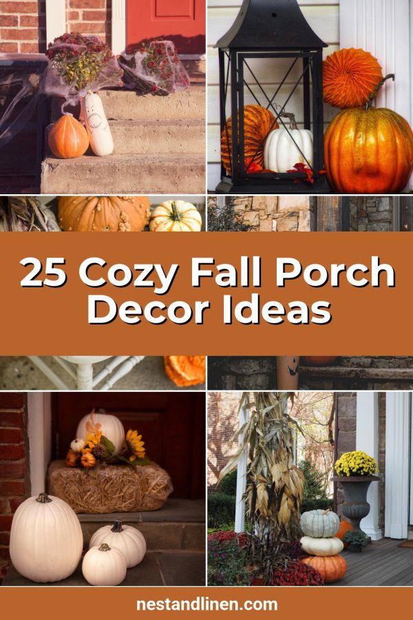 Six Photos + Center Banner Pinterest template example: a seasonal decor pin titled "25 Cozy Fall Porch Decor Ideas"