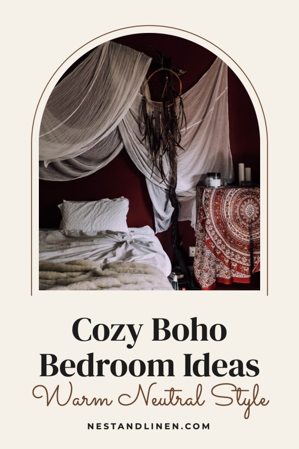 Arch Frame Pinterest template example: a home decor pin titled "Cozy Boho Bedroom Ideas: Warm Neutral Style"