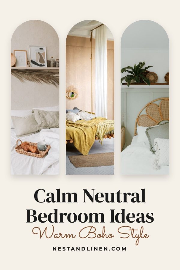 Arched Windows Pinterest template example: a home decor pin titled "Calm Neutral Bedroom Ideas: Warm Boho Style"