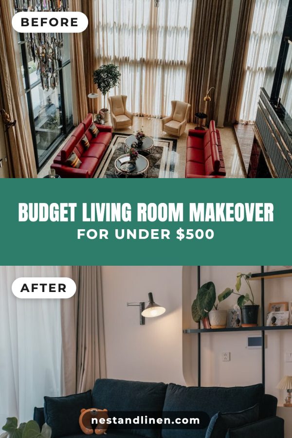 Before / After Pinterest template example: a home makeover pin titled "Budget Living Room Makeover: For Under $500"