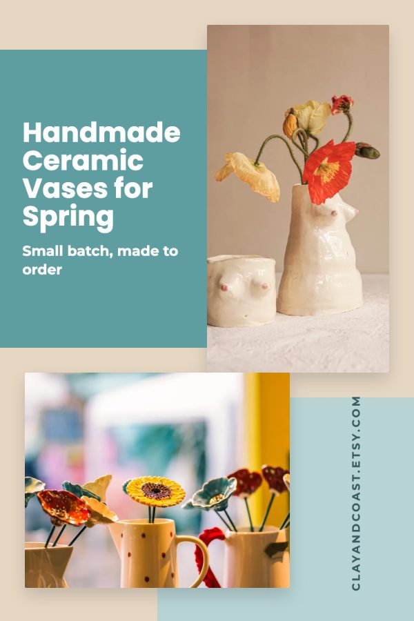 Colour Block Shop Pinterest template example: a Etsy shop pin titled "Handmade Ceramic Vases for Spring"