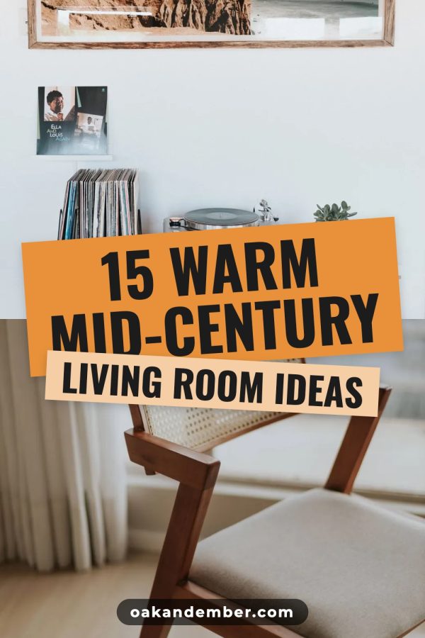 Crossed Strips Pinterest template example: a home decor pin titled "15 Warm Mid-Century Living Room Ideas"