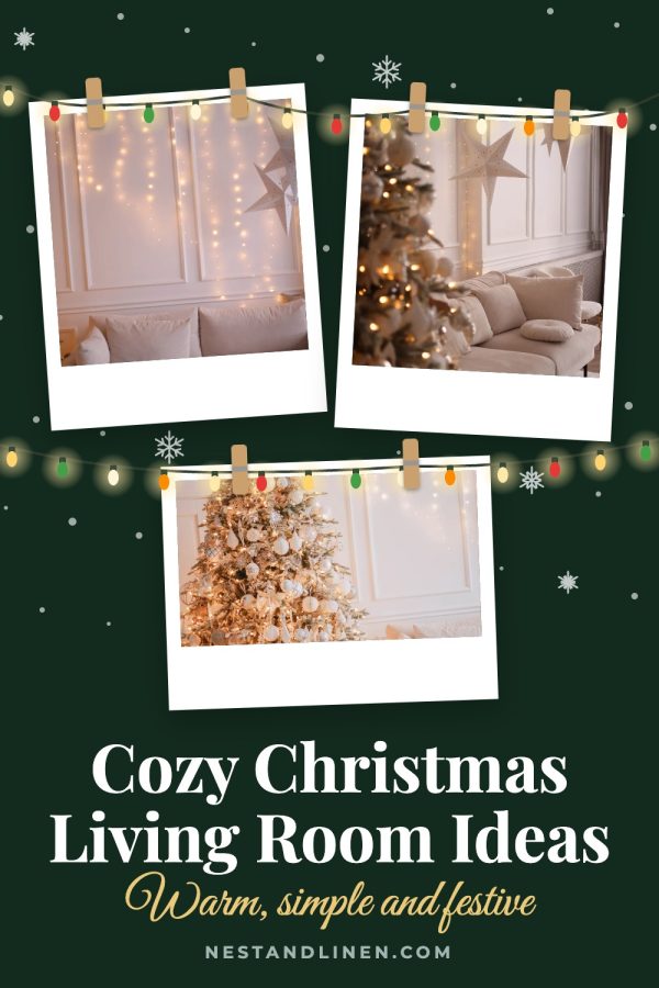 Fairy Lights Pinterest template example: a holiday decor pin titled "Cozy Christmas Living Room Ideas"
