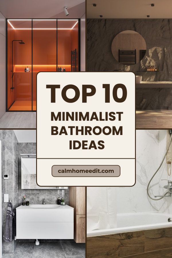 Framed Card + Pill Pinterest template example: a interior design pin titled "Top 10 Minimalist Bathroom Ideas"
