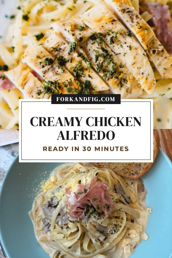 Framed Title Card Pinterest template example: a dinner recipe pin titled "Creamy Chicken Alfredo"