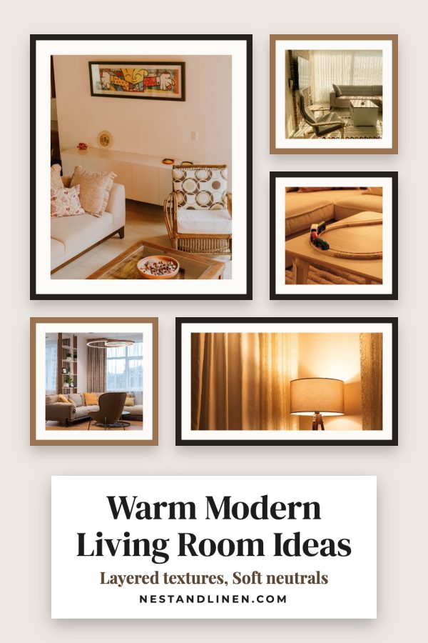 Gallery Wall Pinterest template example: a home decor pin titled "Warm Modern Living Room Ideas"