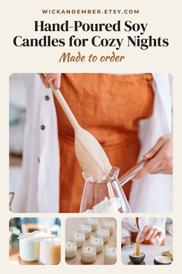 Big Photo + Thumbnails Pinterest template example: a Etsy shop pin titled "Hand-Poured Soy Candles for Cozy Nights"