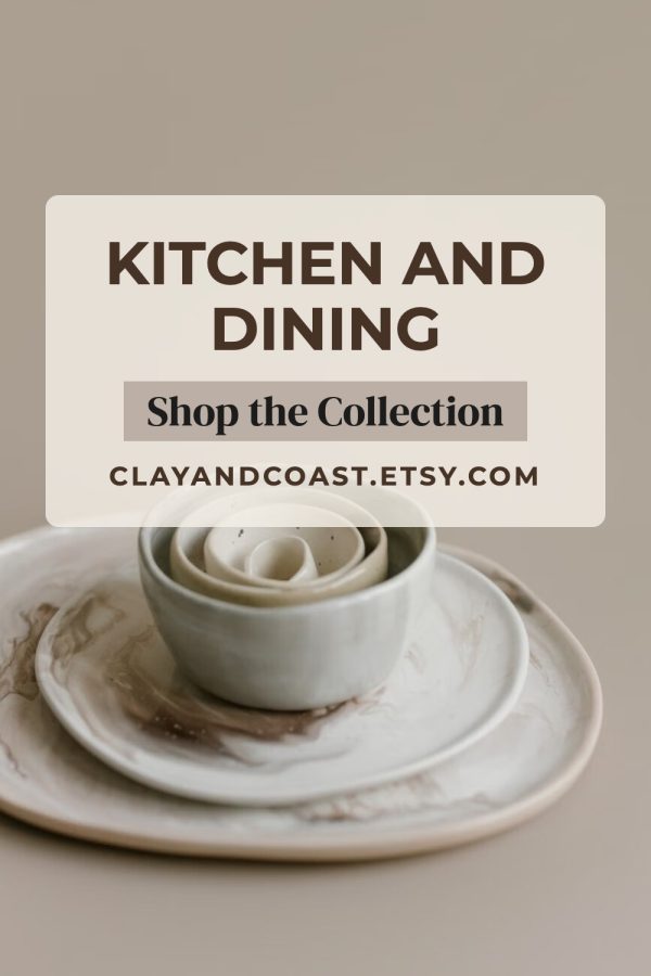 Minimal Centered Title Pinterest template example: a shop pin titled "Kitchen and Dining: Shop the Collection"