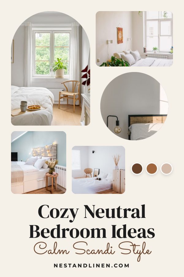 Mood Board Pinterest template example: a home decor pin titled "Cozy Neutral Bedroom Ideas: Calm Scandi Style"