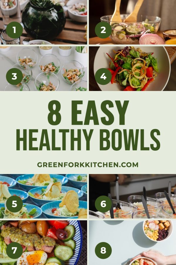 Numbered Photo Grid Pinterest template example: a recipe pin titled "8 Easy Healthy Bowls"