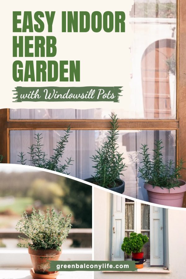 Painted Corner Panel Pinterest template example: a gardening pin titled "Easy Indoor Herb Garden with Windowsill Pots"