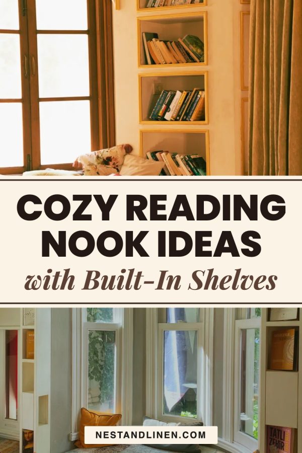 Ruled Cream Band Pinterest template example: a home decor pin titled "Cozy Reading Nook Ideas with Built-In Shelves"