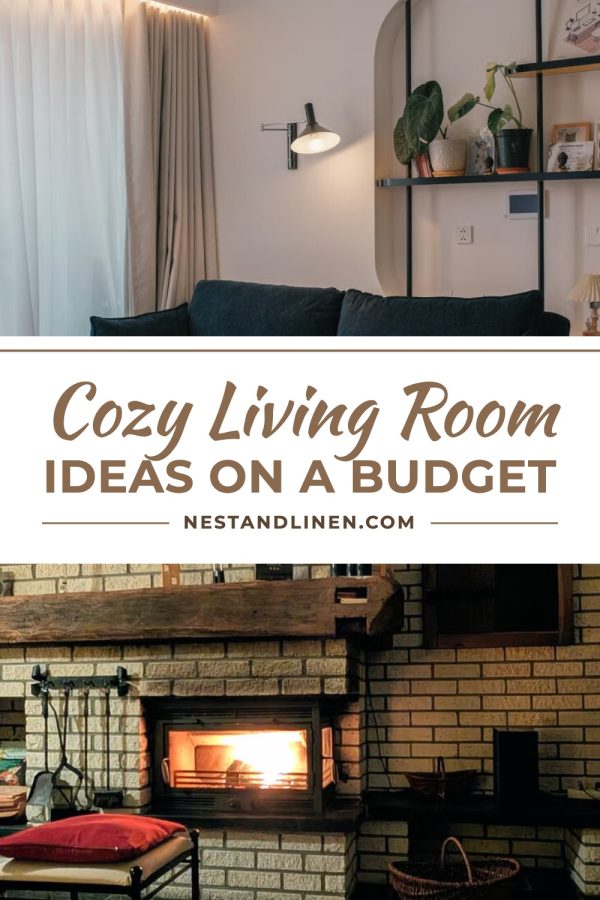 Ruled Script Band Pinterest template example: a home decor pin titled "Cozy Living Room Ideas on a Budget"