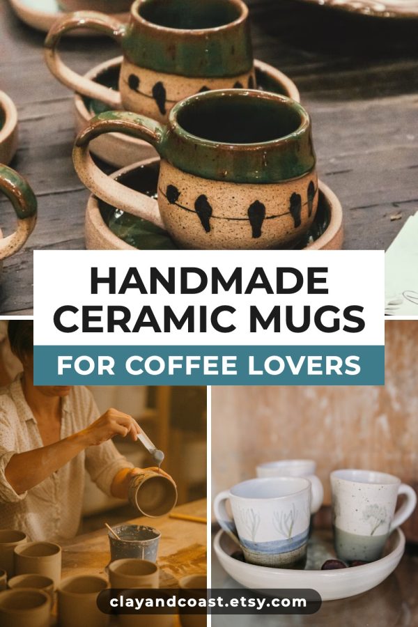 Script + Caps + Strip Pinterest template example: a Etsy shop pin titled "Handmade Ceramic Mugs for Coffee Lovers"